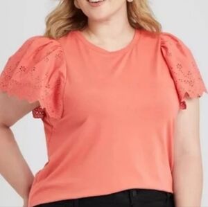 Ava & Viv Plus Size Coral Eyelet Cap Sleeve Blouse